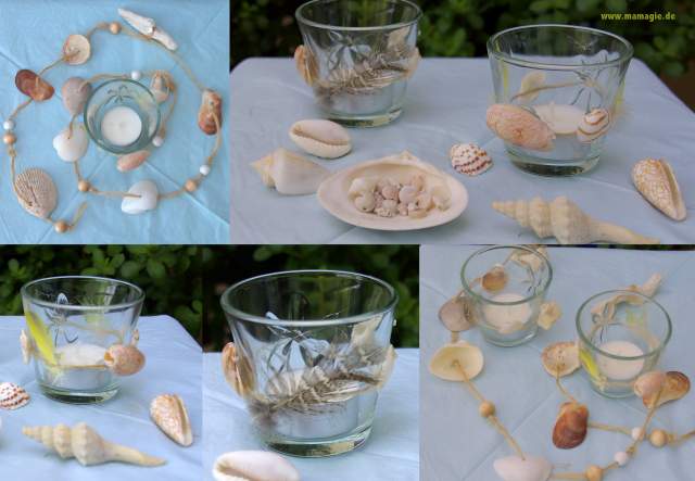 Muscheldeko für Sommerparty Teelichtgläser mit Muscheln, Federn etc. gestalten