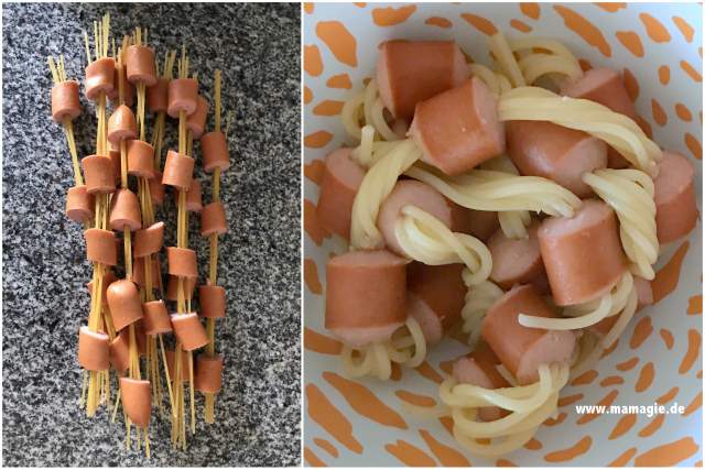 Ketten aus Spaghetti und Würstchen für Kinder